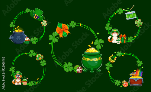 Happy St Patrick's day holiday festive frames and borders. Vector set of green circular wreaths made of shamrock clover, gold coins, Irish cartoon leprechaun cat and dog characters and pot of gold