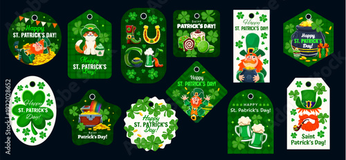 Happy St Patrick's day holiday gift tags. Cartoon vector set with festive Irish leprechaun characters, shamrock clover, green beer mugs, gold coins, pots of gold, hats, rainbow, beard or lucky symbols