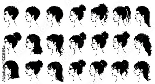 Collection of diverse womens hairstyles in profile view, artistic sketches.