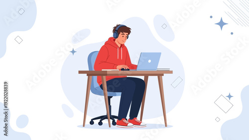 Young man wearing headphones, working on laptop at desk, modern illustration