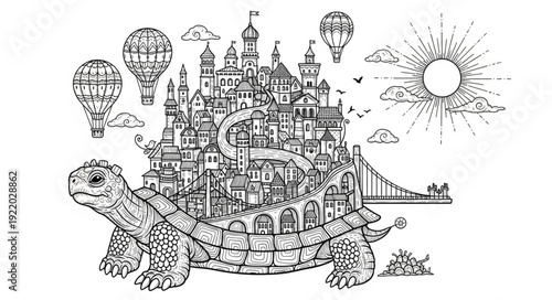 Fantasy illustration of a giant turtle carrying a whimsical city on its back.