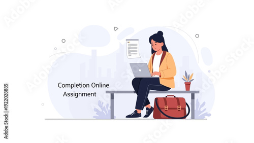Woman Working on Laptop, Online Assignment Completion, Businesswoman on Bench