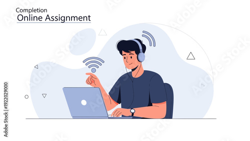 Young Man Completing Online Assignment on Laptop with Headphones