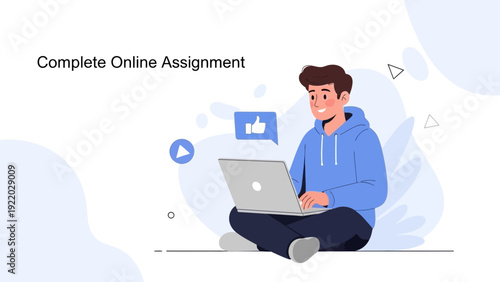 Young Man Completing Online Assignment on Laptop with Thumbs Up Icon