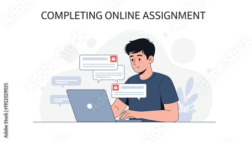 Young Man Completing Online Assignment on Laptop, Digital Education Concept