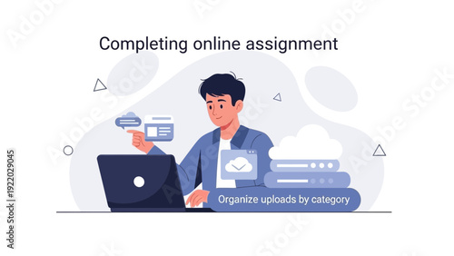 Young man completing online assignment on laptop, cloud storage concept
