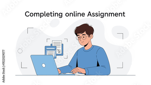 Young man completing online assignment on laptop, studying, learning, remote work