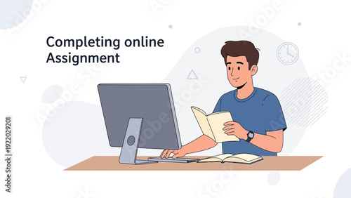 Young man studying online, completing assignment at computer, reading book