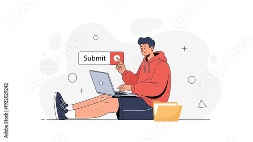 Young man submitting form on laptop, graphic illustration