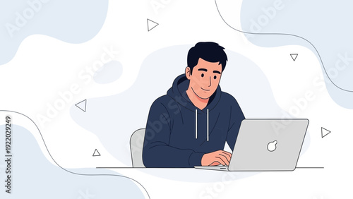 Young Man Typing on Laptop Computer, Working Remotely, Modern Flat Illustration