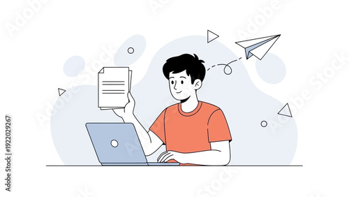 Young man using laptop, sending document via paper airplane, flat design