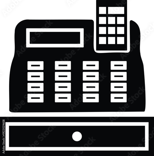 Black and white illustration of a payment terminal with keypad and card reader isolated on transparent background