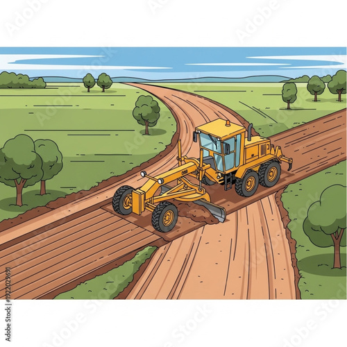 Yellow bulldozer grading a dirt road in a rural landscape.