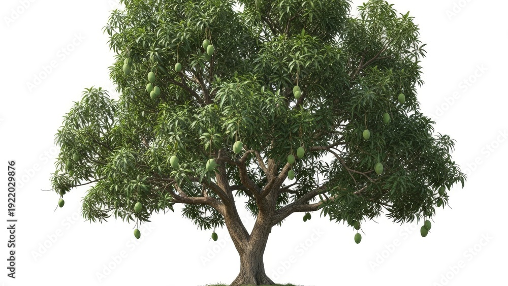 Fototapeta premium Lush mango tree with ripe fruit hanging. Perfect for tropical agriculture, fruit harvesting, natural scenery, agribusiness marketing projects.