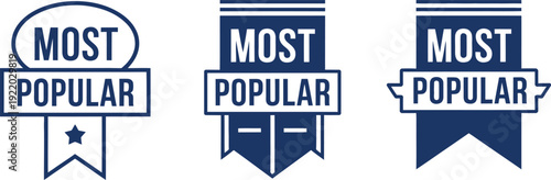 Collection of "Most Popular" badges and ribbons in navy blue and white