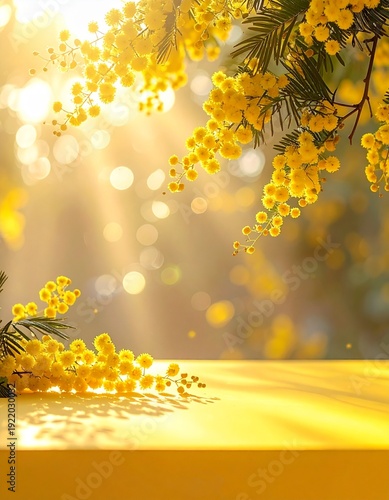 ミモザの影が落ちる黄色いステージ、SNS広告やスマホ壁紙向けの春背景