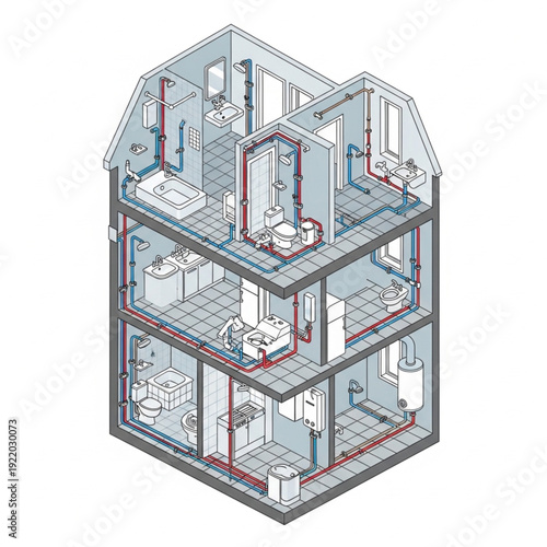 Detailed 3D Isometric Illustration of a Three-Story Building's Plumbing System.
