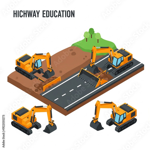 Isometric illustration of highway construction with excavators.