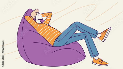 A faceless man in an orange striped shirt and blue pants relaxes on a purple bean bag chair.