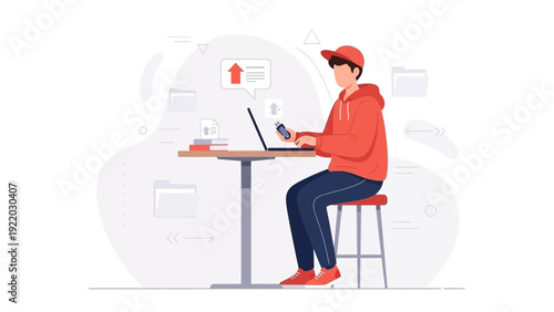 Young man working on laptop and phone, digital communication, remote work, flat design