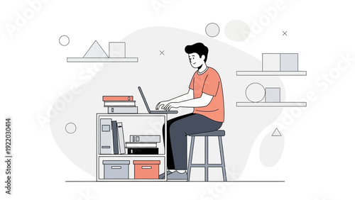 Young man working on laptop at desk with books and shelves