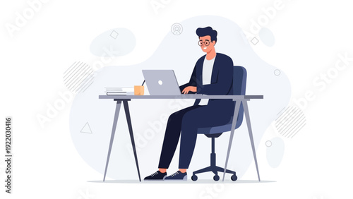 Young man working on laptop at desk, modern office, business lifestyle illustration