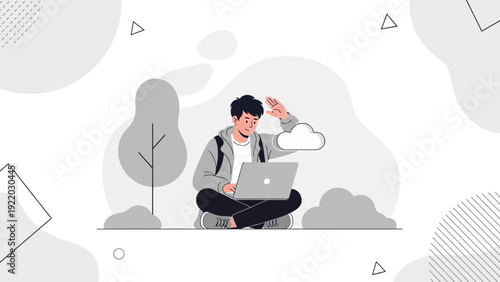 Young man working on laptop outdoors, creative concept illustration