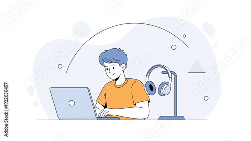 Young man working on laptop with headphones nearby, modern flat illustration