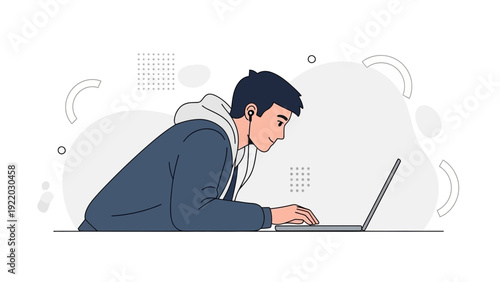 Young man working on laptop with headphones, modern flat design illustration