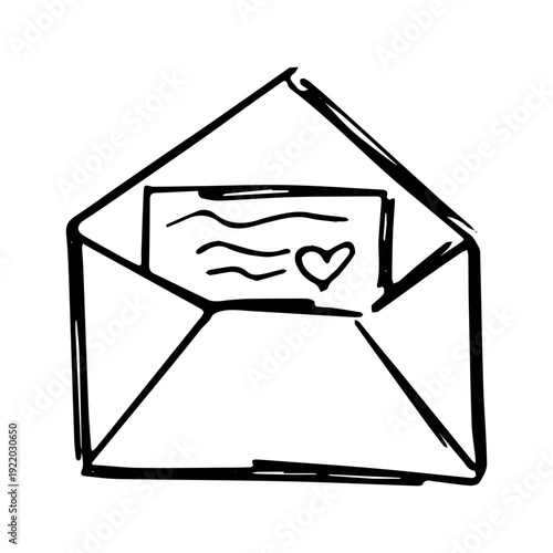 Hand drawn envelope with letter inside Mail and correspondence doodle Love, communication, invitation Single element for design, print, decor