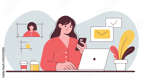 A professional woman works at a desk, typing on a laptop and using her phone, with email and video call icons.