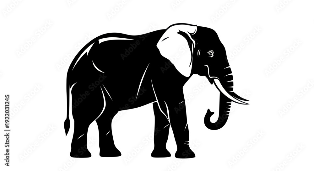 Fototapeta premium Silhouette of an African Elephant with tusks, isolated on white background