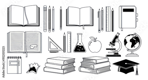 School Supplies and Education Icons: Books, Globe, Microscope, Graduation Cap