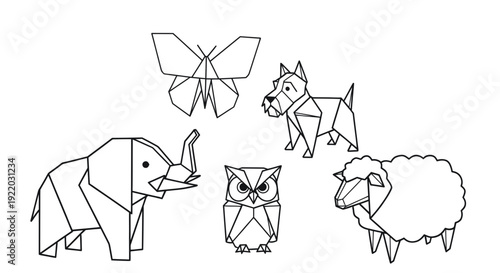 Origami Animals Collection: Elephant, Dog, Sheep, Owl, Butterfly - Geometric Style