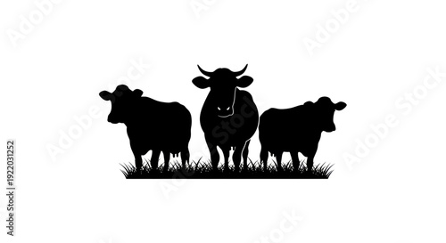 Three black cow silhouettes standing on grass, white background, farm animals