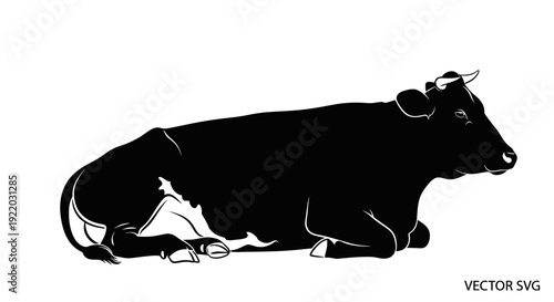 Black and white silhouette of a cow lying down on a white background