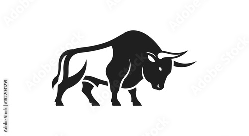 Black silhouette of a powerful bull on a white background, strong animal icon