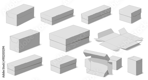 Blank White Cardboard Boxes Assortment, Isometric View, Mockup Templates