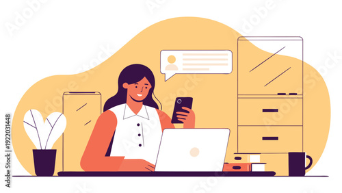 A woman works at a desk, typing on a laptop and using a phone, with chat and office cabinet.