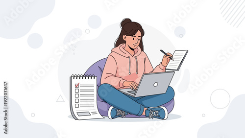 Young woman studying or working on laptop, making notes, to-do list, remote work