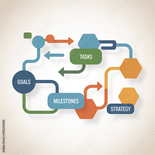A clean vector illustration depicting a strategy flowchart with goals, tasks, and milestones in a modern business environment from a top-down viewpoint