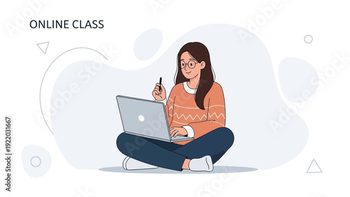 Young Woman Attending Online Class on Laptop, Studying Remotely