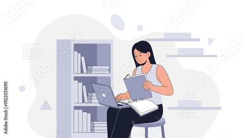 Young Woman Studying with Laptop and Books in a Modern Library or Home Office