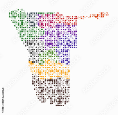Namibia, shape of the country build of colored cells. Digital style map of the Namibia on white background. Small size square blocks. Modern vector illustration.