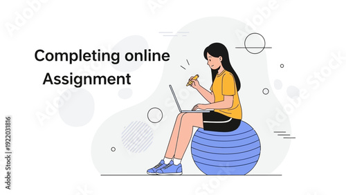 Young Woman Completing Online Assignment on Laptop While Sitting on Exercise Ball