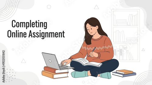 Young Woman Completing Online Assignment on Laptop with Books