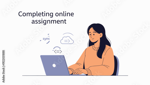 Young woman completing online assignment on laptop, digital education concept