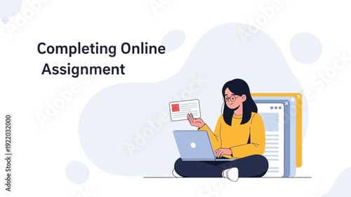 Young Woman Completing Online Assignment on Laptop, Studying Remotely