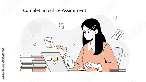 Young Woman Doing Homework Online on Laptop, Studying Remotely, Education Concept