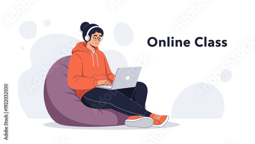 Young Woman Learning Online on Laptop, Comfortable Beanbag Chair, Casual Study